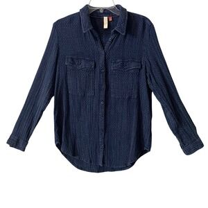 Anthropologie Pilcro Women's Navy Textured Button Up Shirt Long Sleeve Casual Sm